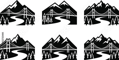 Mountain landscape with bridge silhouettes set, river road and pine forest scenery collection isolated for travel, adventure, national park and outdoor design