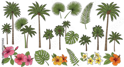 Tropical flora illustration featuring palm trees, flowers, and various leaf types, vibrant and detailed.