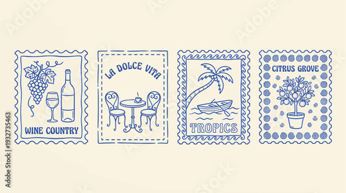 Vacation destination postage stamp icons, vintage style collection, line art format, wine country, la dolce vita, tropics, and citrus grove.