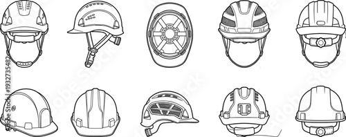 Safety helmet outline set, construction hard hat collection with front, side and top views, protective work gear icons for industry and engineering