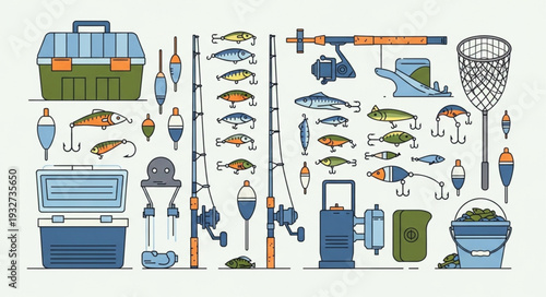 Comprehensive collection of fishing equipment and accessories displayed on a white background.