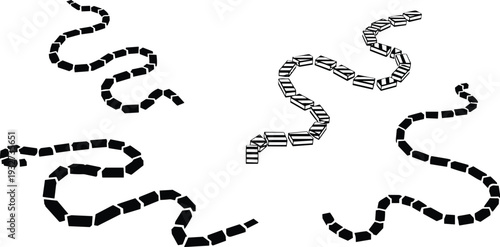 Snake track trail silhouettes set, winding reptile movement paths collection