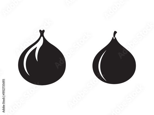 Onion silhouettes on white background  two black bulb icons with leaves and stems  vegetables for cooking and recipes