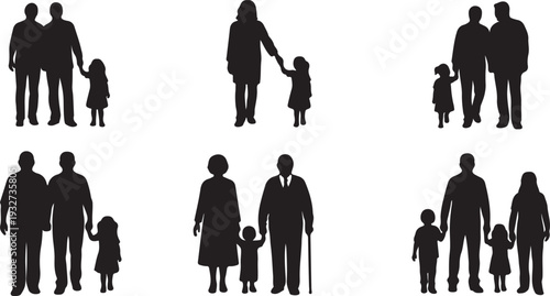Collection of diverse family silhouettes featuring parents, children, and grandparents. Vector illustration. isolated PNG with Transparent Background