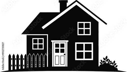 A simple black and white illustration of a cozy house with a picket fence