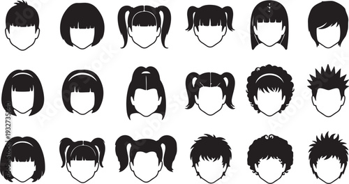 Black silhouette collection of diverse hairstyles for men and women, vector illustration set isolated PNG with Transparent Background