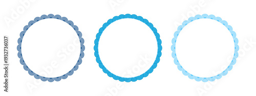 Round frames with Japanese print with blue overlapped semicircles. Circular vignettes in maritime oriental style. Frameworks with sea or ocean wave borders. Vector flat illustration.