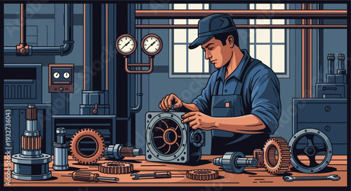 Cartoon style illustration of a mechanic wearing a cap and overalls assembling machine parts on a workbench in a workshop, with tools and gauges visible.