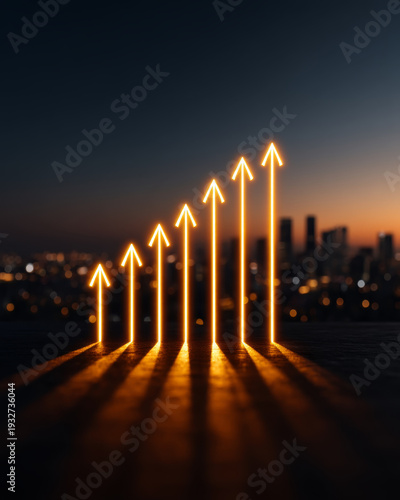 Wallpaper Mural Business strategy and leadership mindset drive productivity and boost growth as glowing arrows rise upward against city skyline at sunset, symbolizing success and ambition Torontodigital.ca