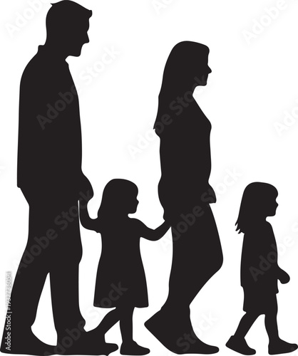 Black Vector Silhouette of a Family Walking with Parents and Two Children, isolated PNG with Transparent Background