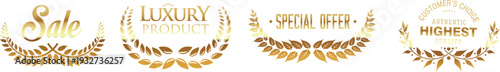 Golden sale and luxury badges on white background