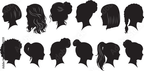 Set of diverse female head silhouettes with various hairstyles. Vector illustration. isolated PNG with Transparent Background