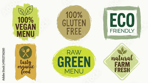 Healthy food menu icons set in vibrant green badges, organic, vegan, gluten-free, raw, and eco-friendly