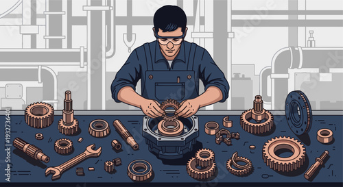Illustrated mechanic wearing safety glasses assembling gears on a dark blue workbench in a stylized factory environment, depicting precision work and industrial processes.