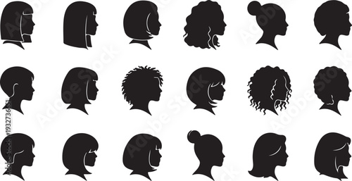 Set of Isolated Black Vector Female Head Silhouettes with Diverse Hairstyles isolated PNG with Transparent Background