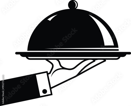 A hand holding a covered serving dish on a tray