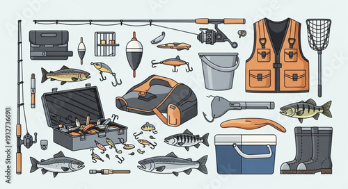 Comprehensive collection of fishing equipment and accessories arranged for angling activities.