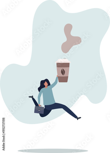 A businesswoman with a glass of coffee is rushing .person's life situation and his activities.