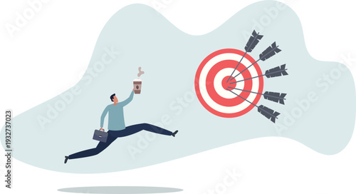 A businessman with a glass of coffee is rushing towards his goal.