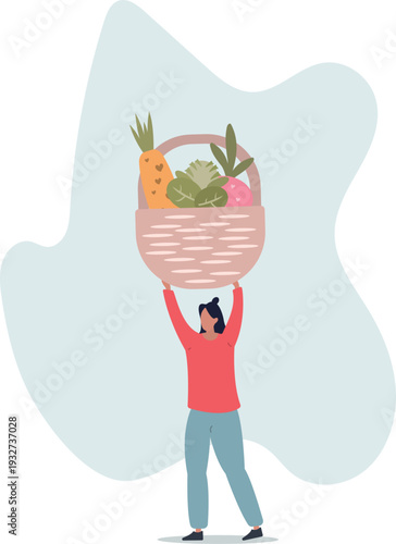 A woman holds a wicker basket with fresh vegetables. Food concept.