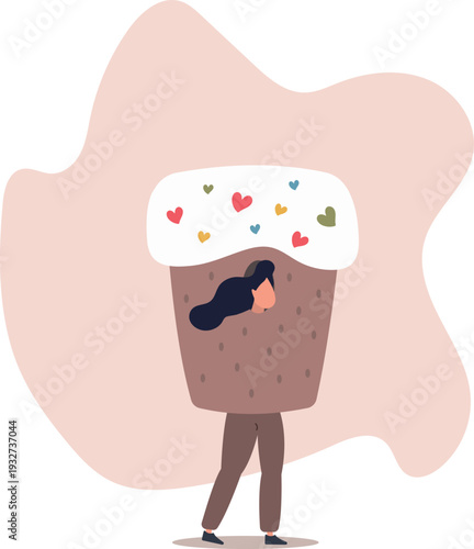 Woman in Easter cupcake costume. Heart-shaped patterns. Baking concept.