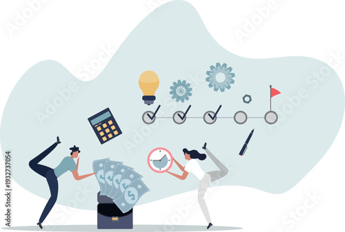 Business solution and goals.Cartoon tiny people mark points in timeline with pen.person's life situation and his activities.