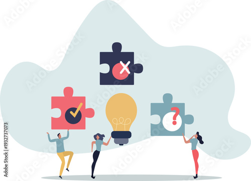 people holding puzzle and light bulb .Making decision.person's life situation and his activities.