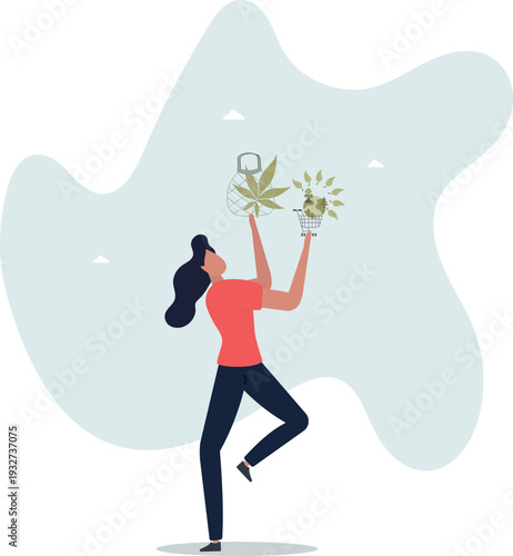 Eco friendly consumer with sustainable shopping habits .Environmental care with reusable and green product choices .person's life situation and his activities.