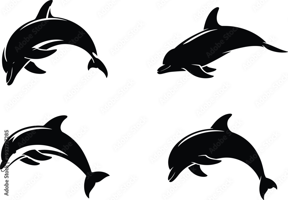 Fototapeta Jumping Dolphin Silhouette Logo Collection with Marine Ocean Animal Icons for Wildlife Branding Vector Illustration EPS