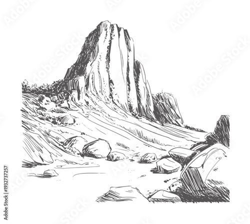 Black and white ink of a dramatic rocky mountain landscape