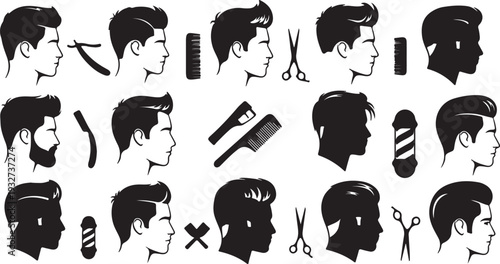 Barber Shop Male Hairstyles and Grooming Tools Vector Icon Set isolated PNG with Transparent Background