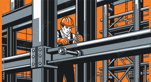 An illustration depicting a construction worker wearing a hardhat and gloves using a wrench to tighten a bolt on a steel frame building in progress, with orange background.