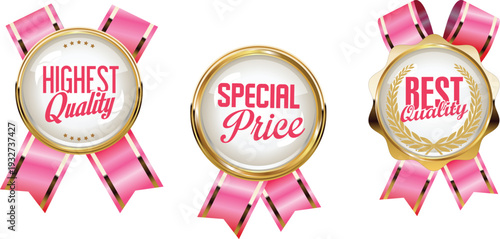 Three pink and gold ribbons with special offer text