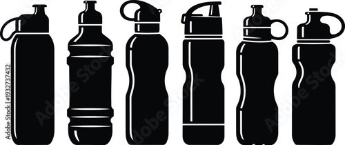Collection of six different reusable water bottles in black silhouette on white background