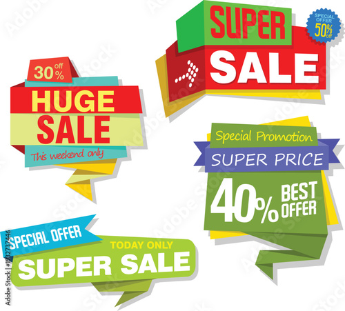 Colorful sale banners with percentages and promotional text