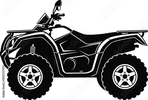 Black and white illustration of an all terrain vehicle atv quad bike with large tires