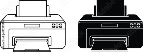 A line drawing of two printers side by side one in black and white and the other in black