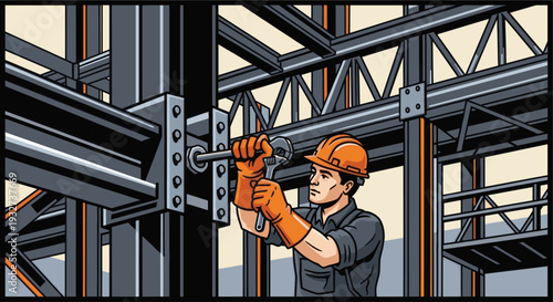 An illustration of a construction worker tightening a bolt using a wrench on a steel frame structure, wearing a hard hat and gloves, conveying themes of construction, industry, and labor.