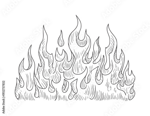 Black and white line of licking flames with textured hatching fire