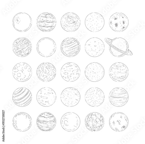 Black and white line of various planets and celestial bodies space monochrome astronomy