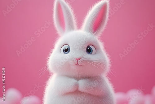 fluffy white bunny with big expressive eyes and tiny paws against a soft pink background looking innocent and adorable