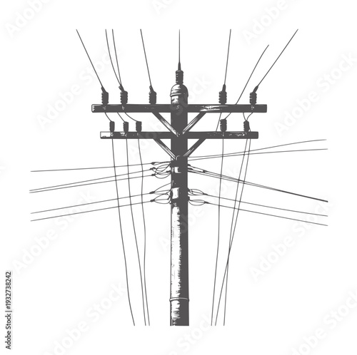 Black and white of a utility pole with tangled wires electricity power