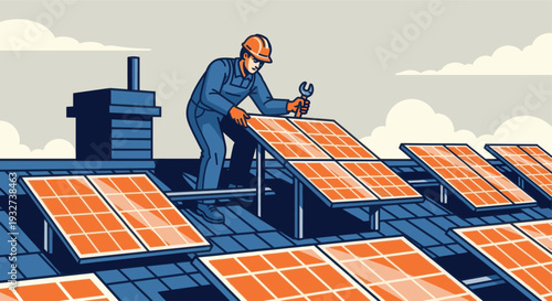Illustration of a worker in a blue jumpsuit and orange hardhat installing orange solar panels on a blue rooftop, symbolizing renewable energy and sustainability.