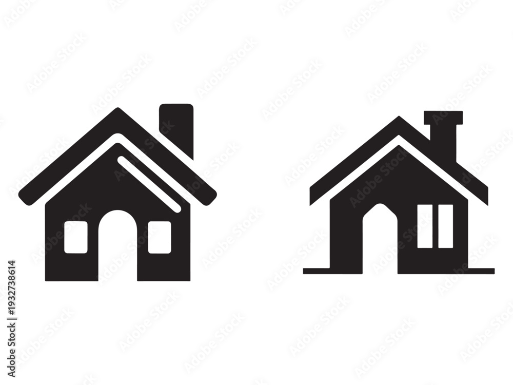Fototapeta premium Simple black house icons with chimneys and windows on white background