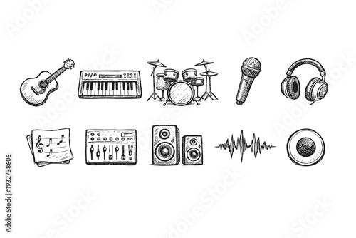 Music sketch icon set. Hand-drawn instruments and sound outline illustrations.