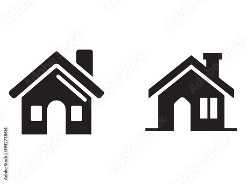 Simple black house icons with chimneys and windows on white background