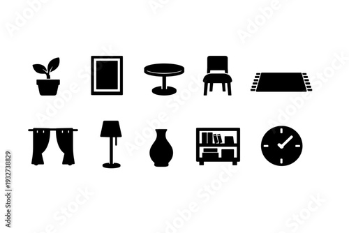 Home essentials silhouette icon set. Furniture, decor, interior elements silhouettes