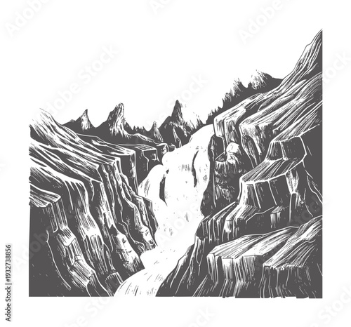 Black and white pencil of a dramatic waterfall cascading through rocky cliffs cascade