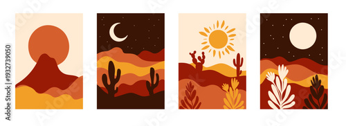Boho desert landscape wild west poster set. Western beautiful sunset and night