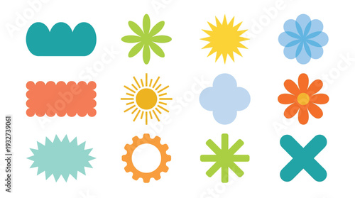 Playful organic shape icons collection in vibrant flat style, clouds, stars, suns, flowers, and gears
